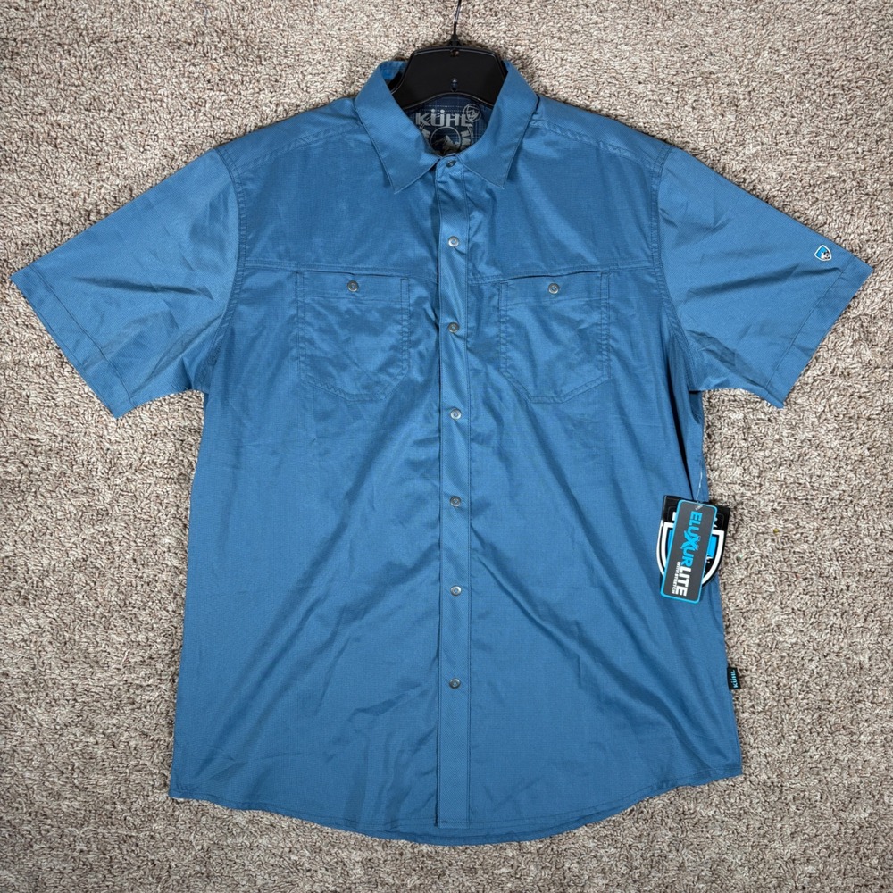 Kuhl Eluxur Lite Mens Medium Blue Short Sleeve Snap Button Hiking Shirt 7453 NEW